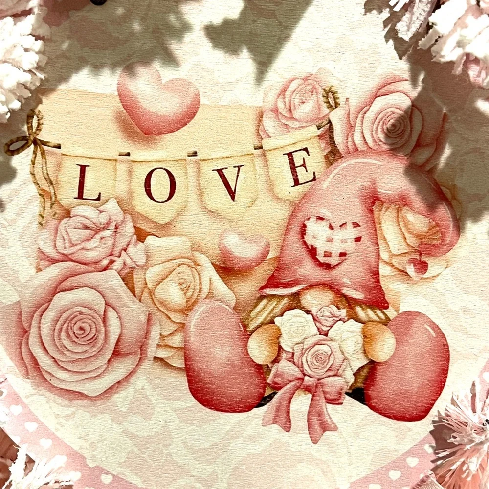 Handmade 22” Valentine’s Day Pink Flocked Garland Gnome LED Wreath W30